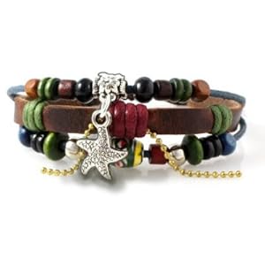 Starfish Beaded Leather Zen Bracelet, Fits 6 to 9 Inches for Men, Women, Teens, Boys and Girls in Gift Box