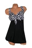 Longitude Tie Detail Women's PLUS SIZE Swimdress Style Swimsuit w Tummy Control Black White