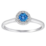 14K White Gold Halo Round Diamond & Blue Diamond Ring (1/2 cttw, H-I, SI)
