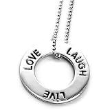 Sterling Silver Live Laugh Love Open Circle Inspirational Sentiment Pendant on 16in Shotbead Chain
