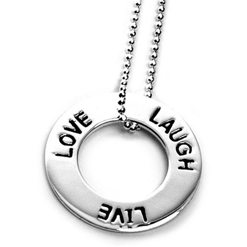 Sterling Silver Live Laugh Love Open Circle Inspirational Sentiment Pendant on 16in Shotbead Chain