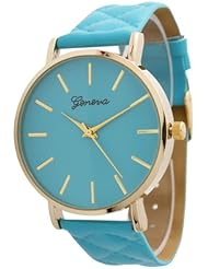 Womens Large Gold Trim Geneva Quilted Leather Watch - Turquoise