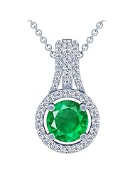 18K White Gold Round Cut Emerald And Round Diamond Pendant (GIA Certificate)