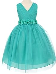 Girls V-neck Crystal Chiffon/Satin/Tulle Tea Length  Dress With a Ribbon  and a Sash 