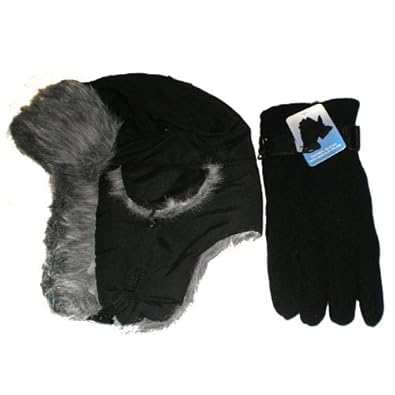 Adults black trapper hat and black fleece gloves