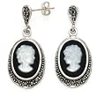 Vintage-Style Onyx & Mother of Pearl Cameo Earrings Set in Fine 925 Silver