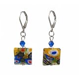 Earrings - E160 - Millefiore Squares + Swarovski (tm) Crystal Beads ~ Clear with Multi Flowers