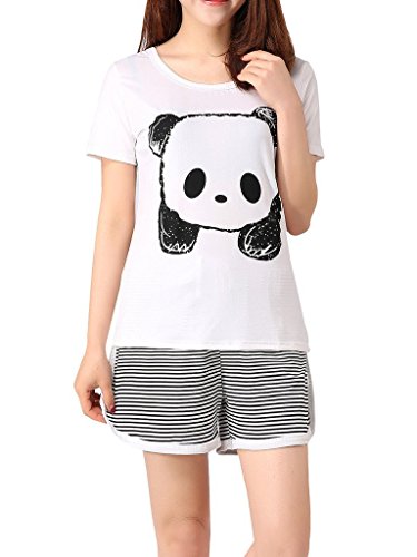 VENTELAN Women's Cute Panda Striped Short Sleeve Sleepwear Pjs Pajama Set Nighty