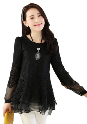 お花モチーフレース切り替えシフォン チュニック シフォンブラウス　レディース　ロングシャツ フリルブラウス　長袖　レイヤード　春