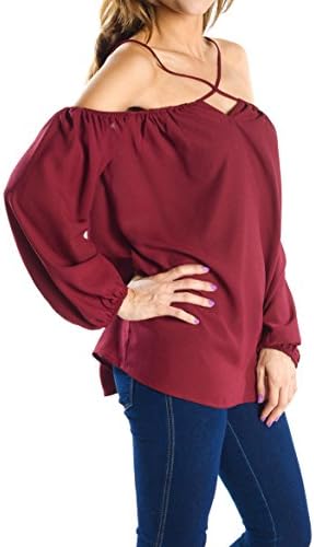 SPAGHETTI CRISS CROSS WOVEN BLOUSE, FASHION BASICS COLD SHOULDER TOP Y3R209 Small BURGUNDY
