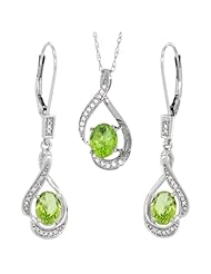 14K White Gold Natural Peridot Lever Back Earrings & Pendant Set Diamond Accent