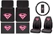 Supergirl Shield DC Comics 7pc Combo Set Front & Rear Car Floor Mats, Seat Covers & Steering Wheel Cover Plus Bonus Matching Decal