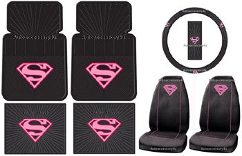 Supergirl Shield DC Comics 7pc Combo Set Front & Rear Car Floor Mats, Seat Covers & Steering Wheel Cover Plus Bonus Matching Decal