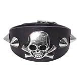 Leather Wrist Band with Skull and Studs - Adjustable Size (7-8 1/2)
