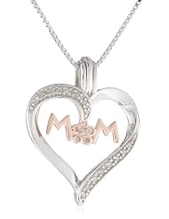 Sterling Silver with 14k Pink Plating "MOM" Heart Diamond Pendant Necklace, 18"
