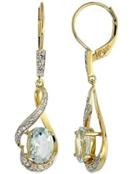 14k Yellow Gold 1 1/4 in. (31mm) tall Lever Back Dangle Earrings, w/ 0.13 Carat Brilliant Cut Diamonds & 1.50 Carats 7x5mm Oval Cut Aquamarine Stones