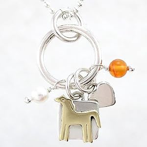 Horse Pendant in Sterling Silver and Brass with Heart and Amber and Pearl Gemstone Beads on an 18" Bead Chain, #8868