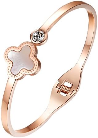 Stainless Steel Clover Bangle Bracelet Rose Gold Plated with Cz Stone