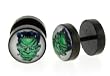 Black Anodized Stainless Steel Fake Plug with Green Frankenstein Logo - 16g Stud - 00G Fake Plug - Sold as a Pair