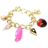 Lady's Candy Sweets Themed Chunky Charm Bracelet Gold Tone with Strawberry, Cupcake, Banana Split...