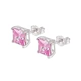 Stud Earrings Authentic Princess Cut Pink Sapphire Color Cubic Zirconia 2.00 Carats Total Weight Comes in a Gift Box & Special Pouch