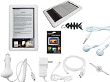 8 items Premium Accessories Bundle for Barnes & Noble Nook Ebook Reader Series :includes : USB Car Charger + USB Travel/Wall Charger + White Straight usb data Cable + Clear/White Silicone Skin Case Cover + Anti Scratch LCD Screen Protector +White Earphone + Fishbone keychain + 3.5MM retractable audio cable
