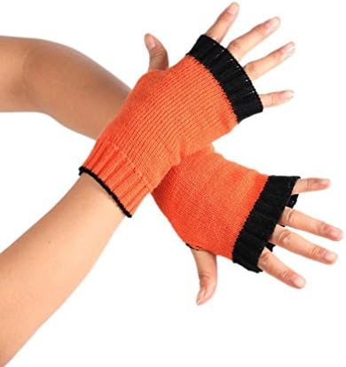 EKIMI Winter Wrist Arm Hand Warmer Knitted Long Fingerless Two-Color Gloves (Orange)