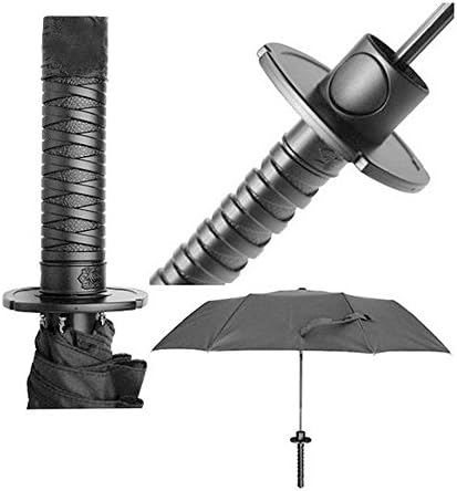 Creative Strong Windproof Folding Semi-automatic Knife Umbrella Stylish Japanese Samurai Ninja Katana Umbrella Special Black Samurai Swords Umbrella Handle Sun Rain Compact Folding Umbrella
