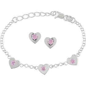 Silver CZ Heart Charm Bracelet and Earrings Set