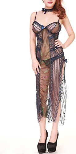 AM CLOTHES Womens Sexy Pattern Long Dress Lingerie Sleepwear with G-string Small Black