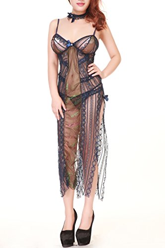 AM CLOTHES Womens Sexy Pattern Long Dress Lingerie Sleepwear with G-string Small Black