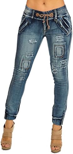 Vertikal Stretchy Ripped Distressed Pull On Denim Drawstring Jogger Jeans 10538M
