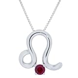 Sterling Silver Created Ruby and Diamond Leo Pendant (0.005 cttw, I-J Color, I2 Clarity), 18"