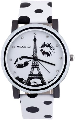 Sotijobs Women Lovers Paris Towel Kiss Lips Round Facial Wrist Watch White
