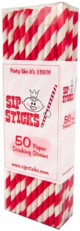 SipSticks Paper Drinking Straws Biodegradeable 50 Pack - Bright Red Stripe