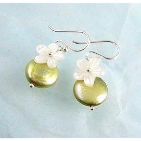 Sterling Silver Bahama Lt. Green Coin Pearl and Carved Mother-of-Pearl Flower Earrings