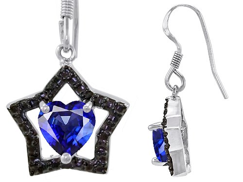 1.50 cttw 925 Sterling Silver Heart Shaped Created Sapphire Black Star Hanging Hook Earrings