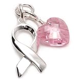 Sterling Silver Breast Cancer Awareness Ribbon And Pink CZ Heart Briolette Charm