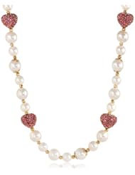 Betsey Johnson "Iconic Pinkalicious" Crystal Heart Closure and Faux Pearl Strand Necklace, 16"