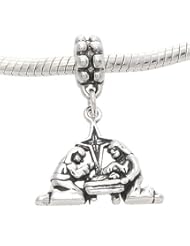 Sterling Silver One Sided Detailed Nativity Manger Scene Dangle Bead Charm