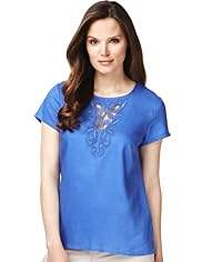 Pure Linen Crochet Trim T-Shirt