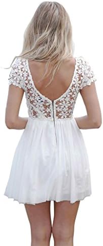 Women's Sexy Embroidered Lace Hollow Out Skater Mini Dress, White, S