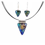 Necklace and Earrings Set - XS-40 - Genuine Handmade Dichroic Glass Pendant and Earrings - Hung on a 16" Stainless Steel Black-Colored Multi-Strand Cord + 2" Extension Chain and French Wires ~ All Findings and Earring wires are made of .925 Sterling Silver