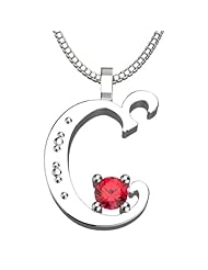 Sterling Silver Letter C - July Ruby Birthstone 18 Inch Necklace