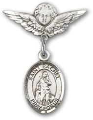 Sterling Silver Baby Badge with St. Rachel Charm and Angel with Wings Badge Pin