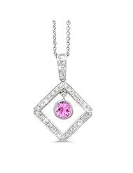 Diagonal Square And Circle Diamond Pendant In 18K White Gold With A 0.70 ct. Genuine pink-sapphire Center Stone.