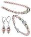 Sterling Silver Crystal and Pink Imitation Pearl Earrings Bracelet with Necklace Jewelry Set Made wi