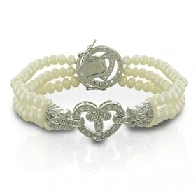 Bling Jewelry Designer Inspired Triple Strands Pave Heart Pearl Bracelet