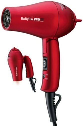 Babyliss Tourmaline Titanium Professional Mini Travel Hair Dryer, Features a Folding Handle and Worldwide Voltage, 1000 Watts with Lightweight Design, and 2 Heat Speeds, with Removable Stainless Steel Lint Filter, and 9 Ft Power Cord, Concentrator Nozzle Included, Red Finish