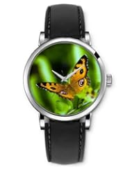 SPRAWL Aanalog Fashion Series Silver Ladies Watches of Genuine Black Leather Strap,Unique Wrist Watch for Women Girls Designed with Yellow Butterfly